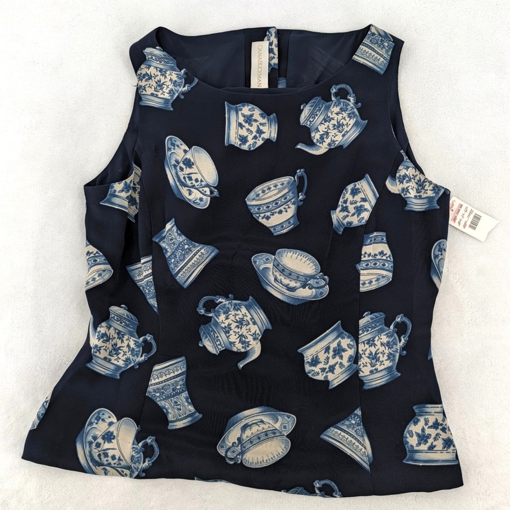Dana Buchman Silk Shell Top Chinoiserie Teapot Teacup Print Navy Size 12